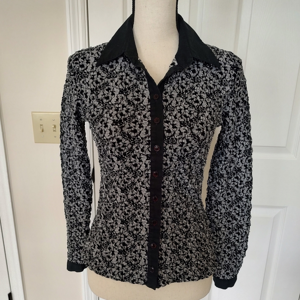 Anne Fontaine Crinkle Cloth Black White Button Up Shirt Size 2 Or Small